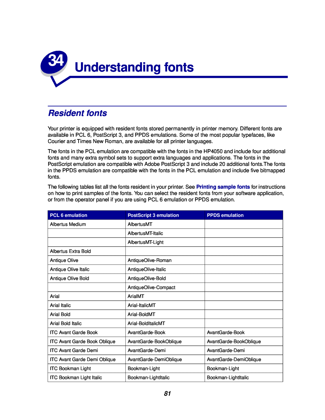 Lexmark 812 manual Understanding fonts, Resident fonts 