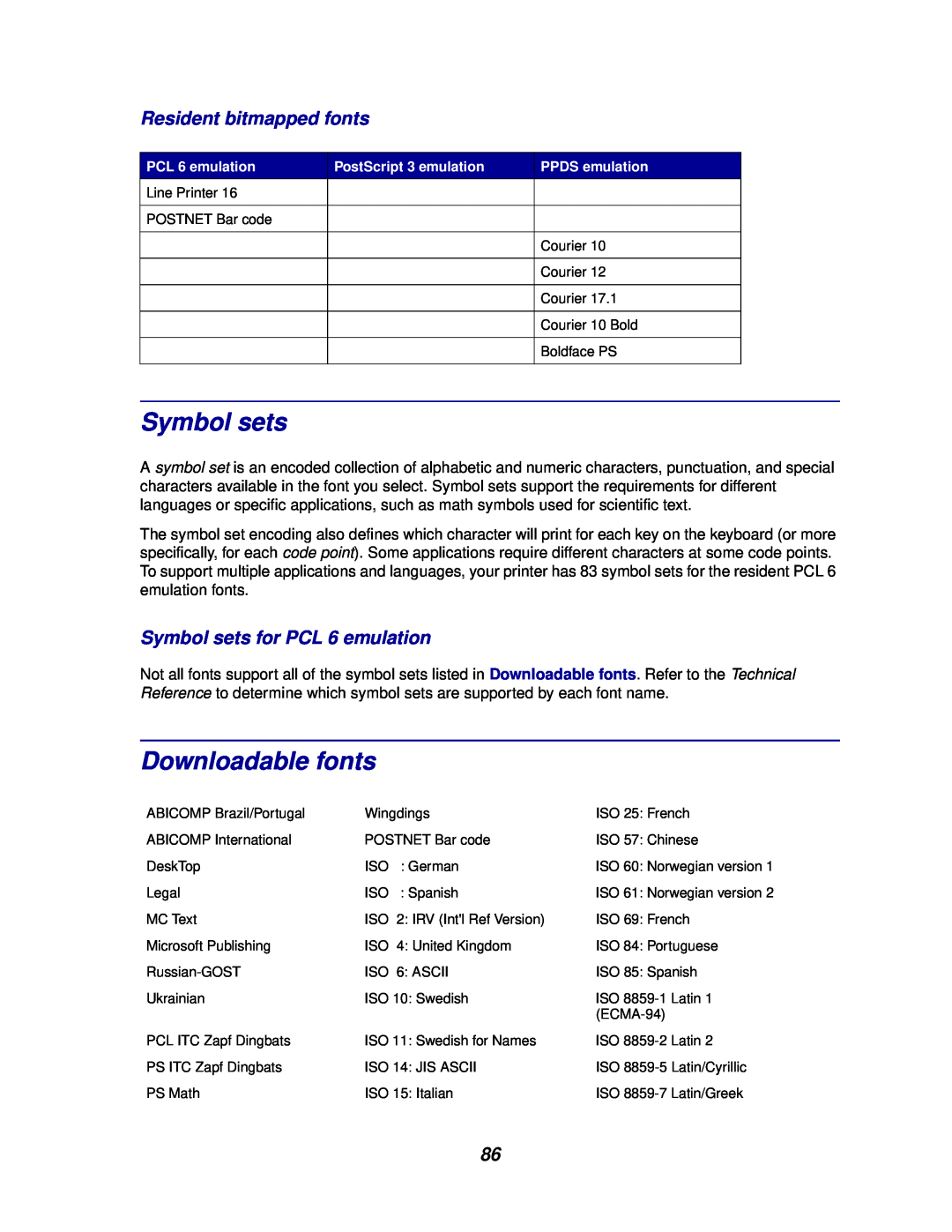 Lexmark 812 manual Downloadable fonts, Resident bitmapped fonts, Symbol sets for PCL 6 emulation 