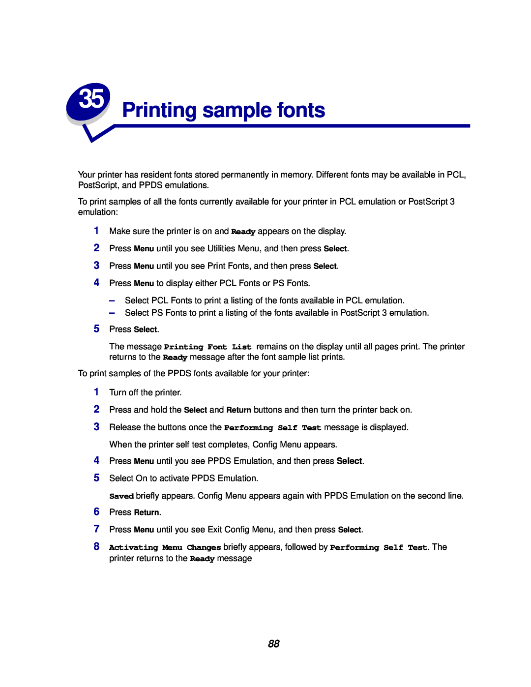 Lexmark 812 manual Printing sample fonts 