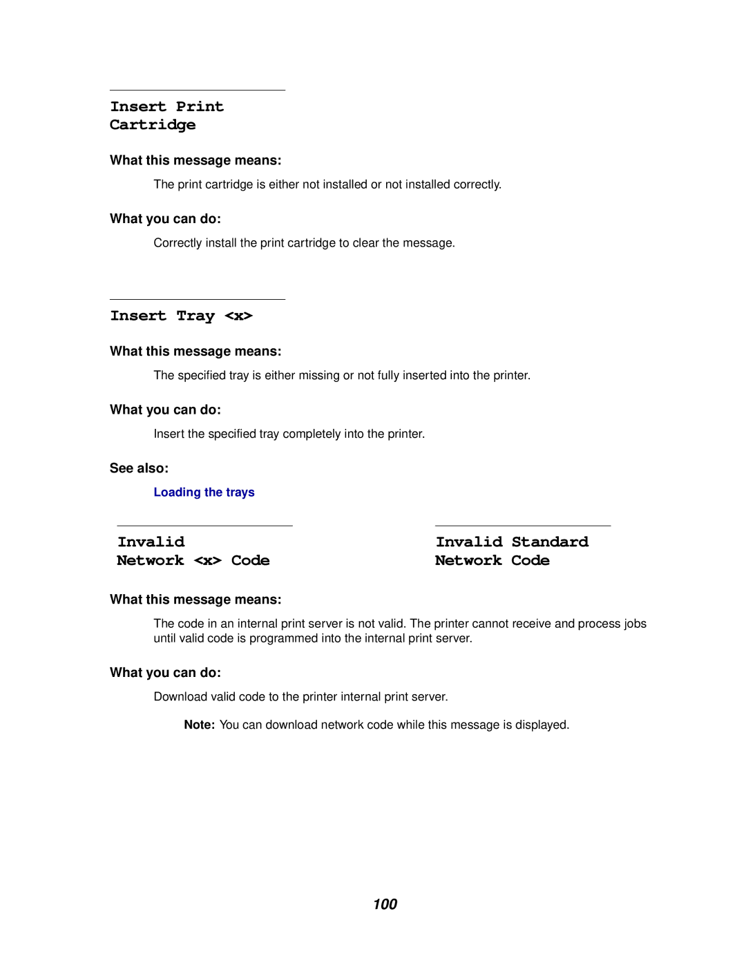 Lexmark 812 manual Insert Print Cartridge, Insert Tray, Invalid, Network x Code 