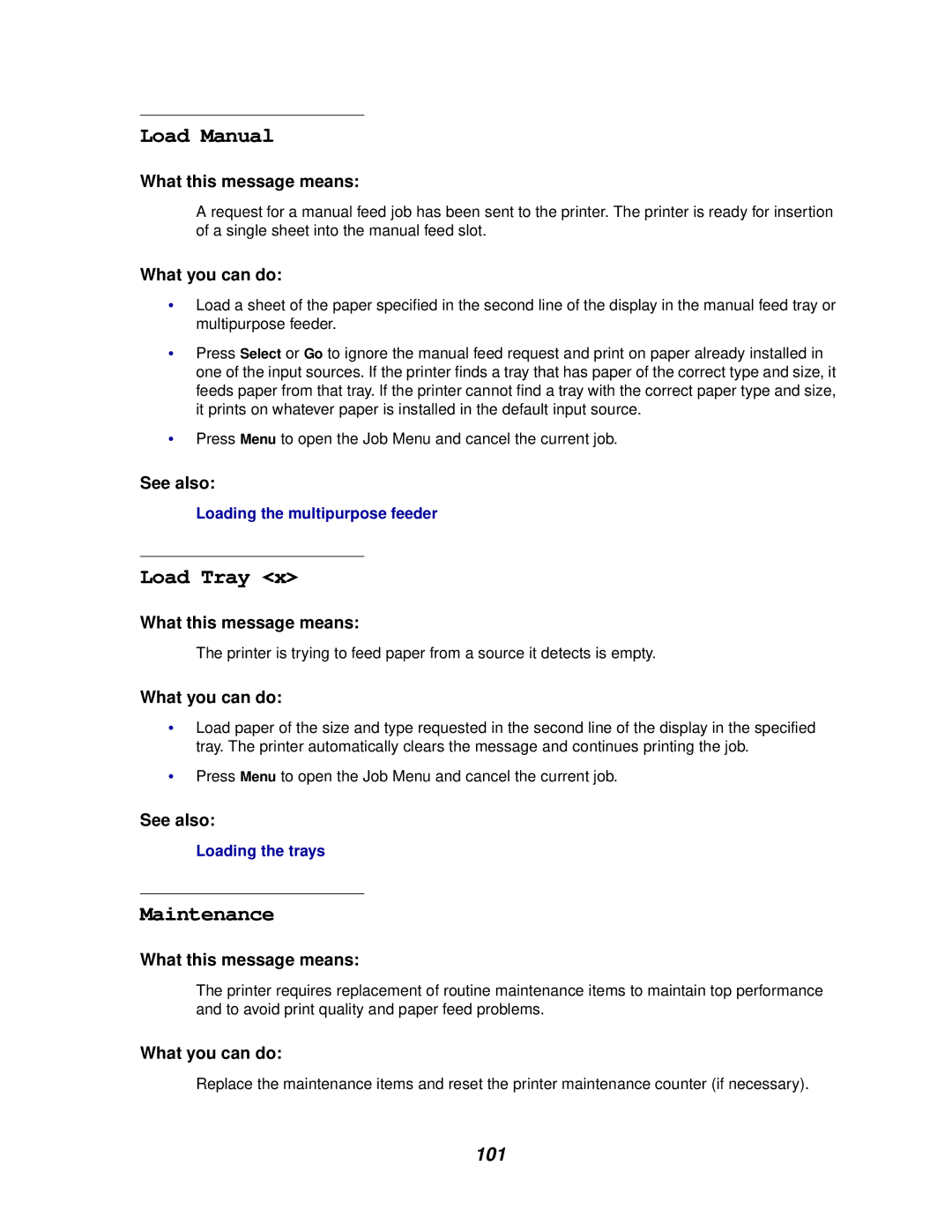 Lexmark 812 manual Load Manual, Load Tray, Maintenance 