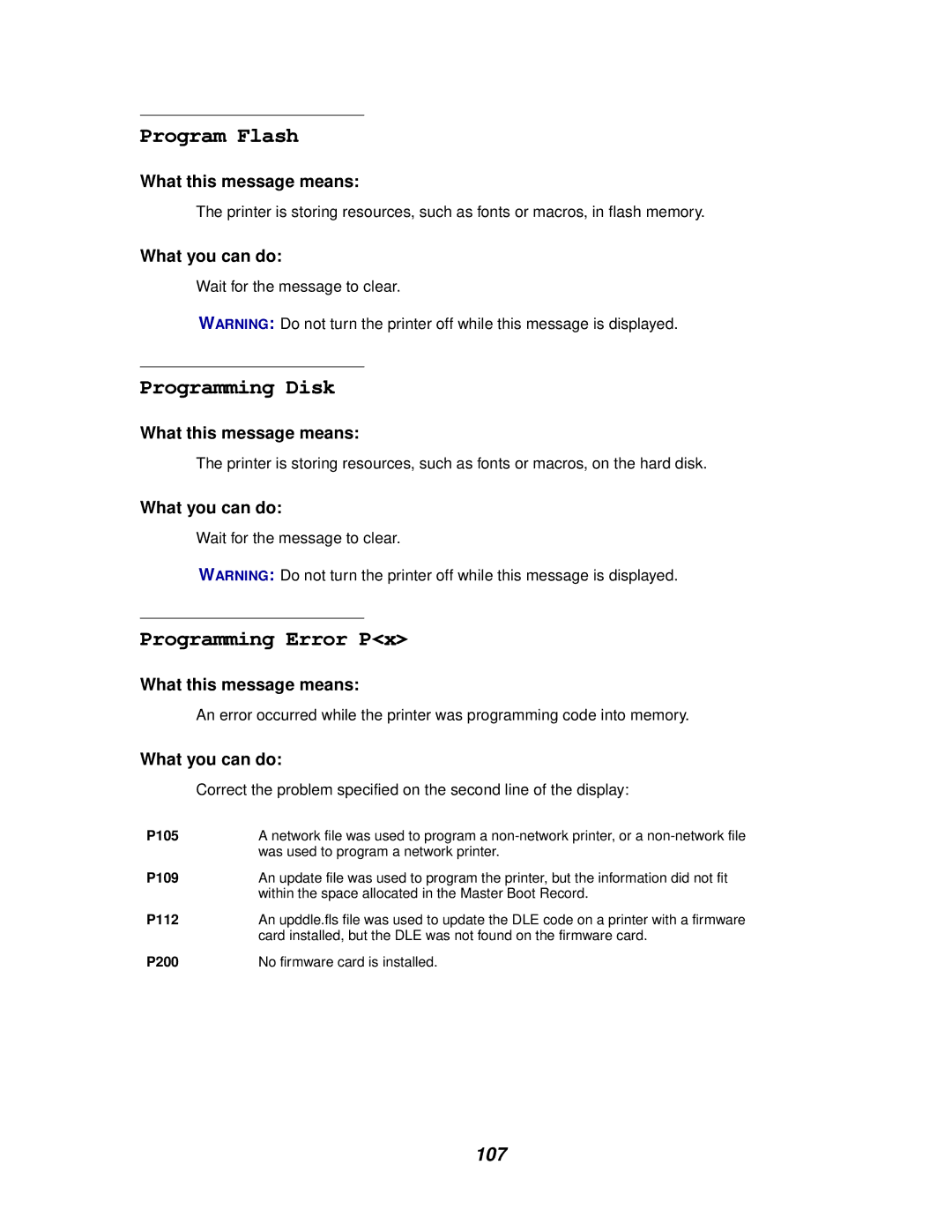 Lexmark 812 manual Program Flash, Programming Disk, Programming Error Px 