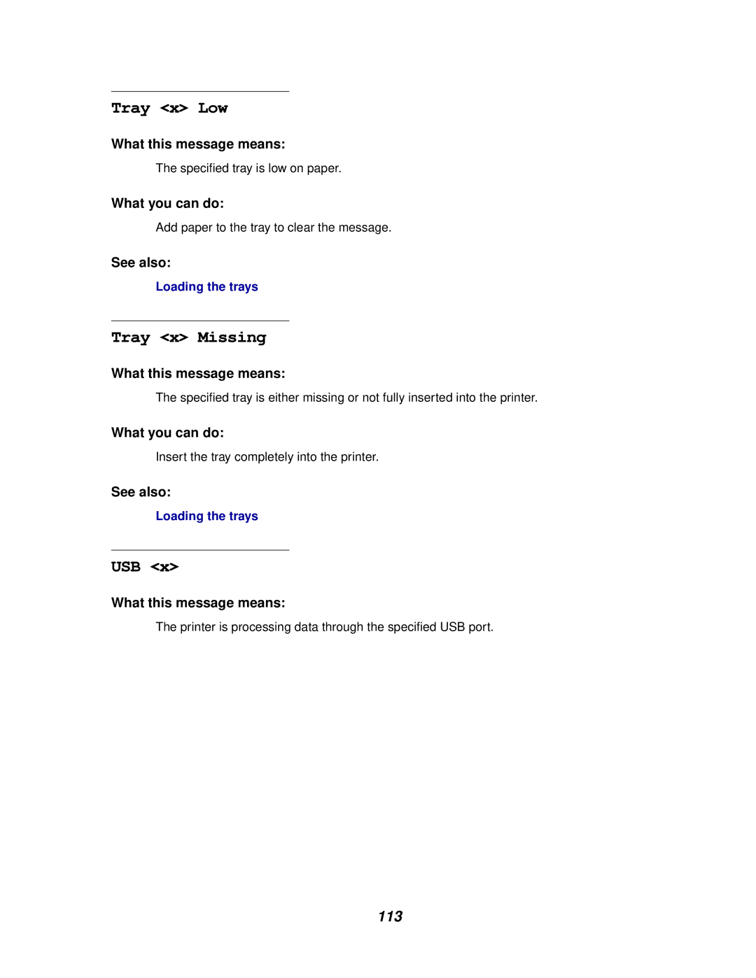 Lexmark 812 manual Tray x Low, Tray x Missing, Usb 