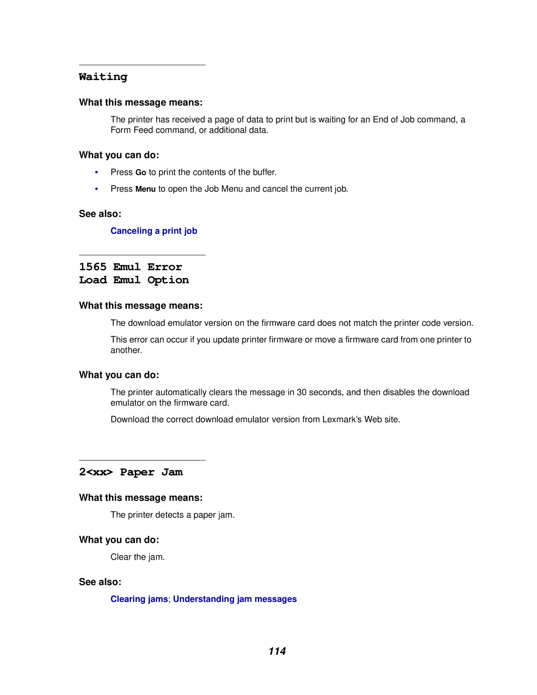 Lexmark 812 manual Waiting, Emul Error Load Emul Option, 2xx Paper Jam 