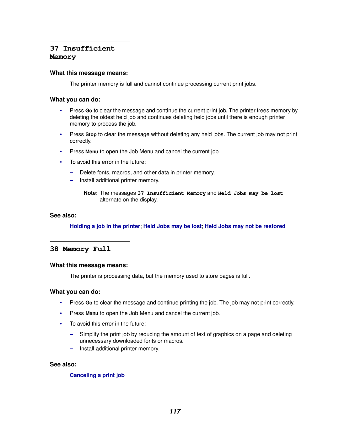 Lexmark 812 manual Memory Full, Insufficient Memory 