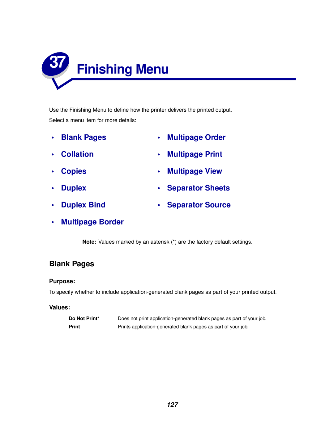 Lexmark 812 manual Finishing Menu, Blank Pages, Do Not Print 