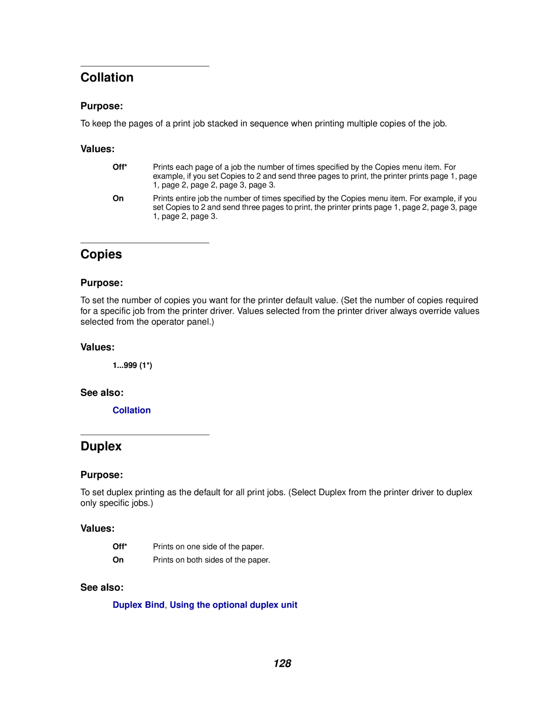 Lexmark 812 manual Collation, Copies, Duplex, Off, 999 