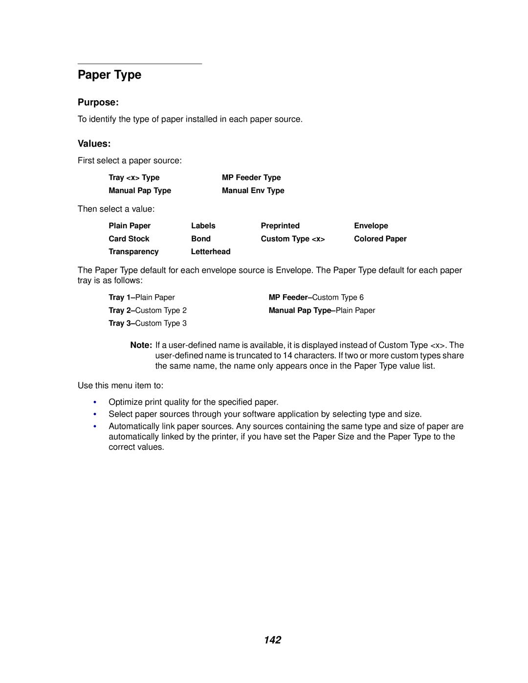 Lexmark 812 manual Paper Type, Tray x Type MP Feeder Type Manual Pap Type Manual Env Type, Tray 3-Custom Type 