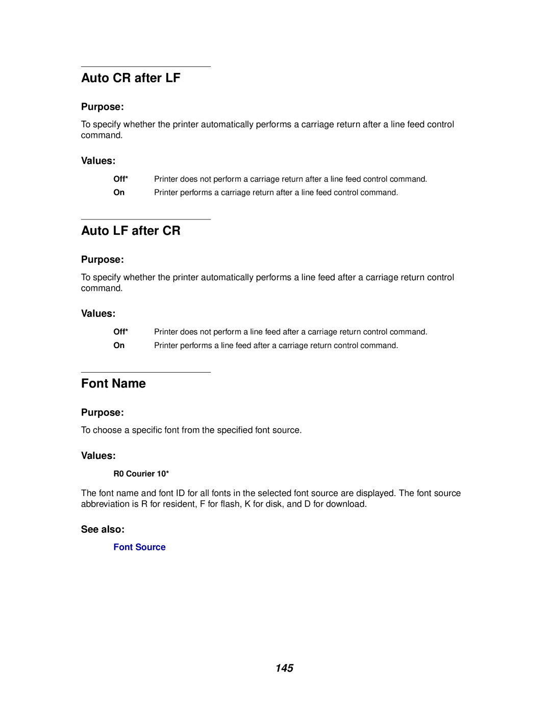 Lexmark 812 manual Auto CR after LF, Auto LF after CR, Font Name, R0 Courier 