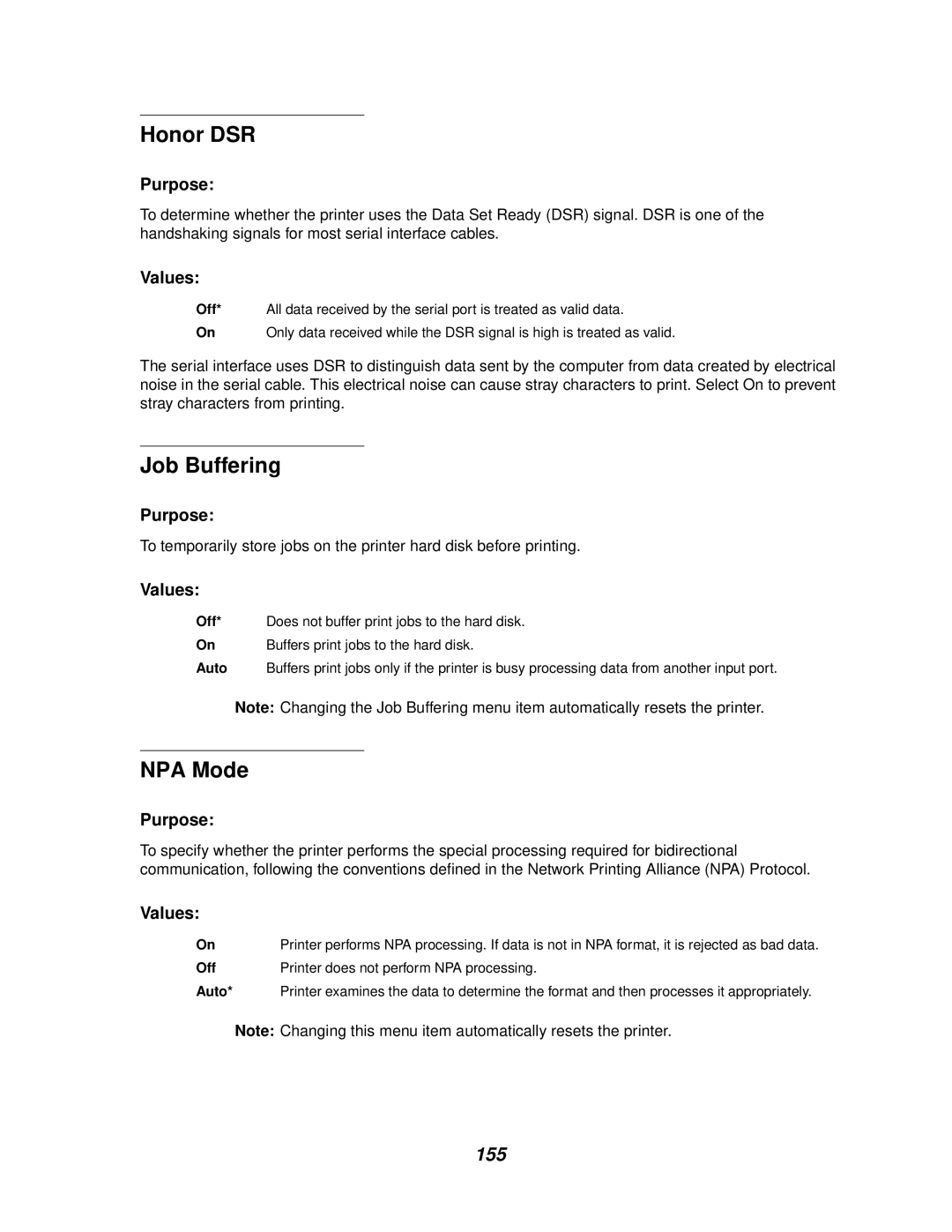 Lexmark 812 manual Honor DSR, Job Buffering, NPA Mode, Off Printer does not perform NPA processing Auto 