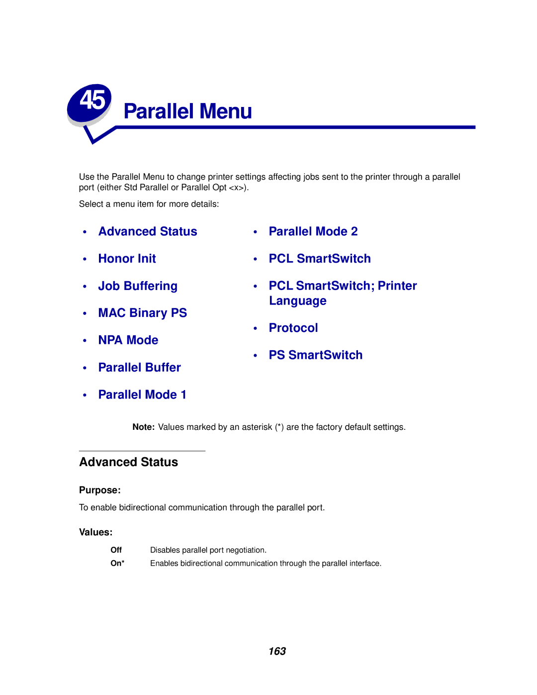 Lexmark 812 manual Parallel Menu, Advanced Status 