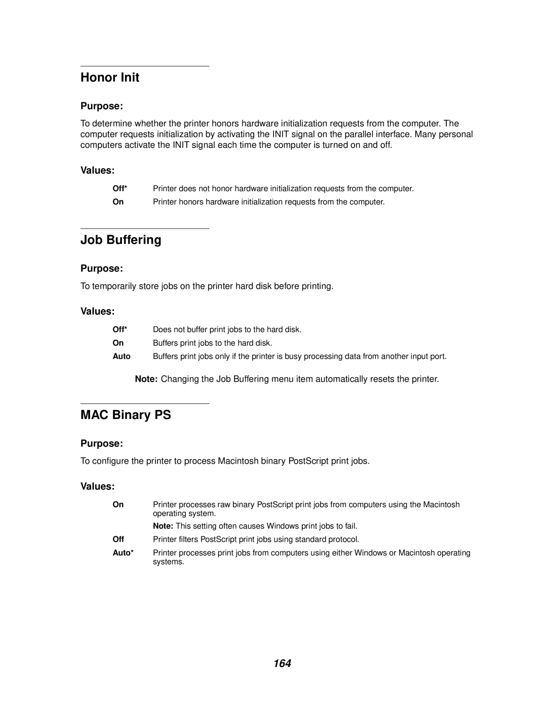 Lexmark 812 manual Honor Init, Job Buffering 