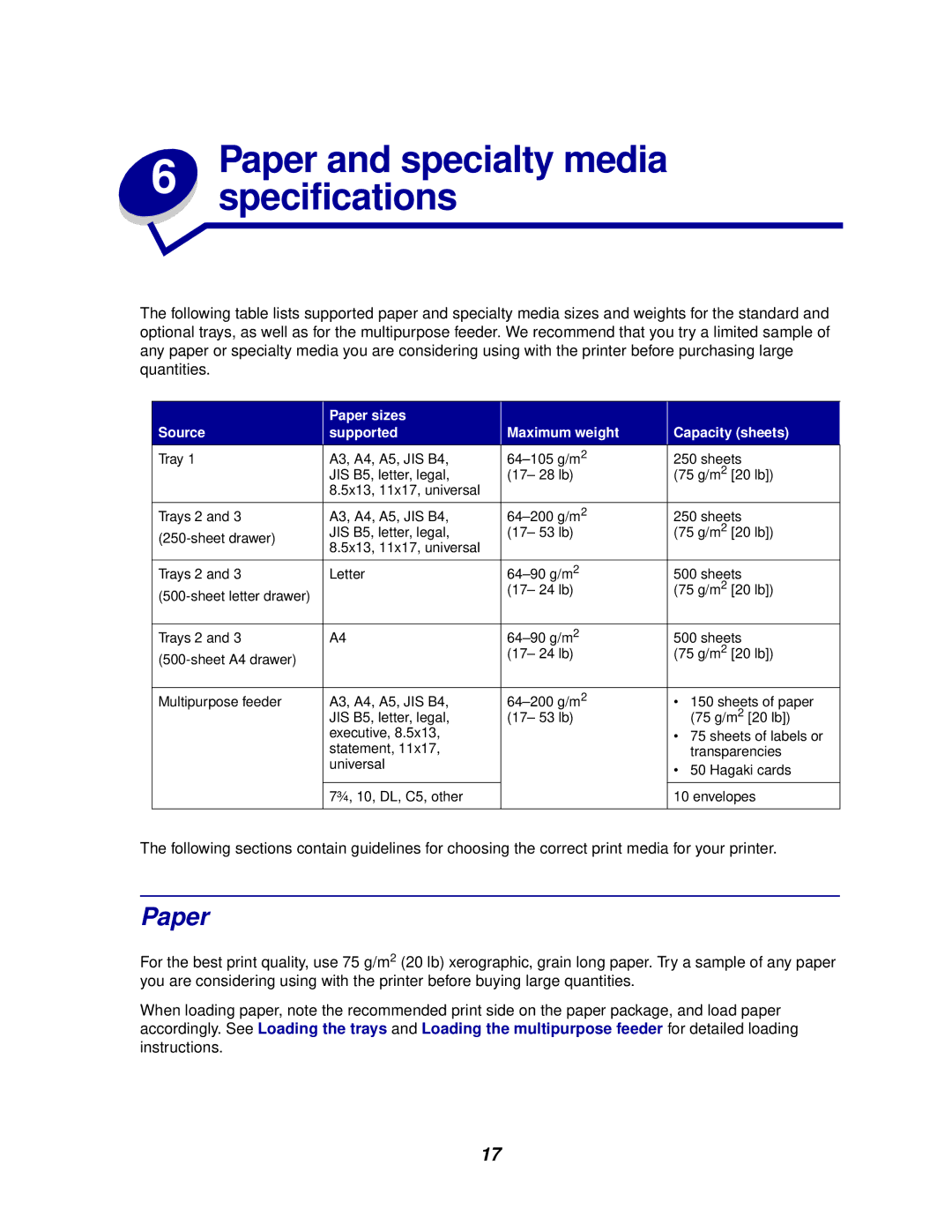 Lexmark 812 manual Paper and specialty media specifications 