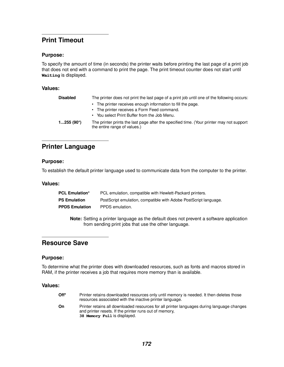 Lexmark 812 manual Print Timeout, Printer Language, Resource Save 