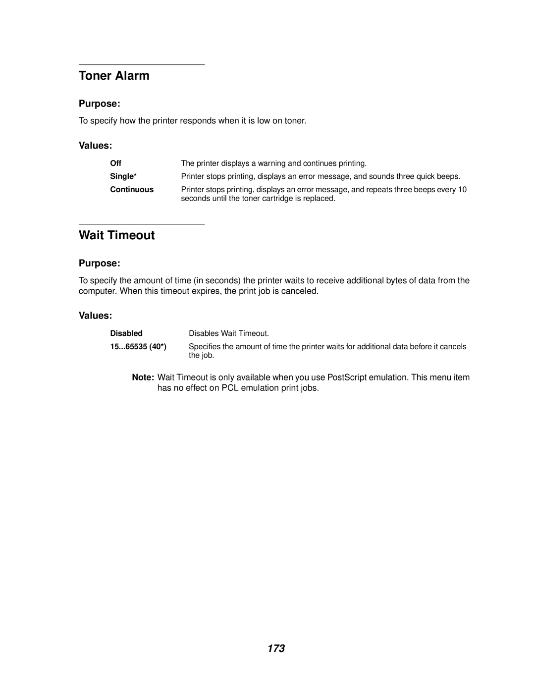 Lexmark 812 manual Toner Alarm, Wait Timeout, Seconds until the toner cartridge is replaced 