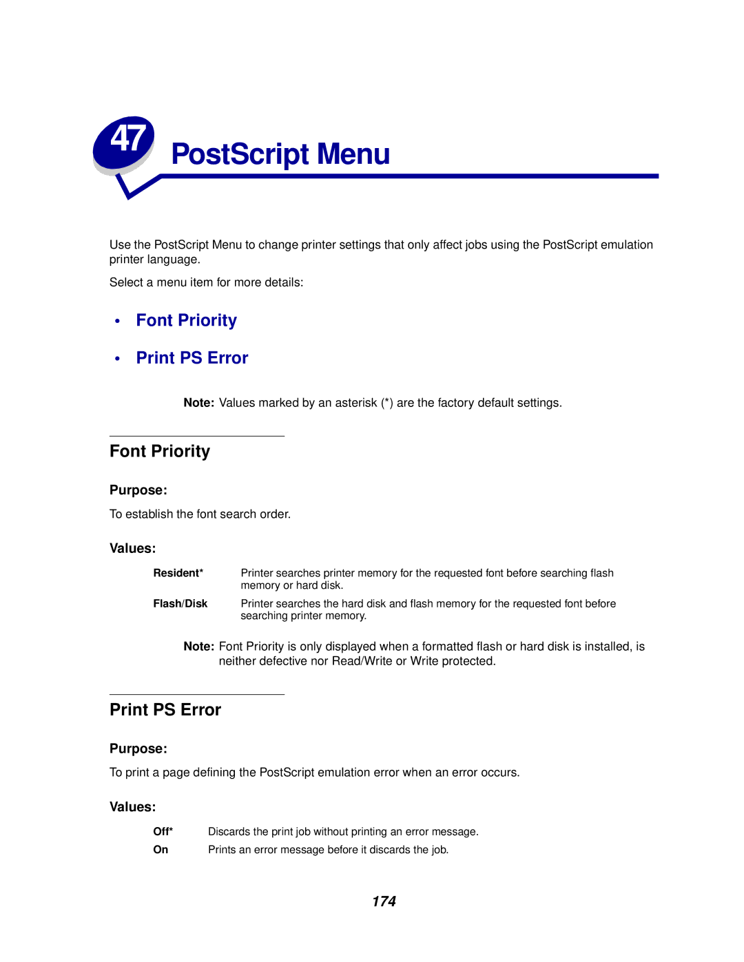 Lexmark 812 manual PostScript Menu, Font Priority, Print PS Error 