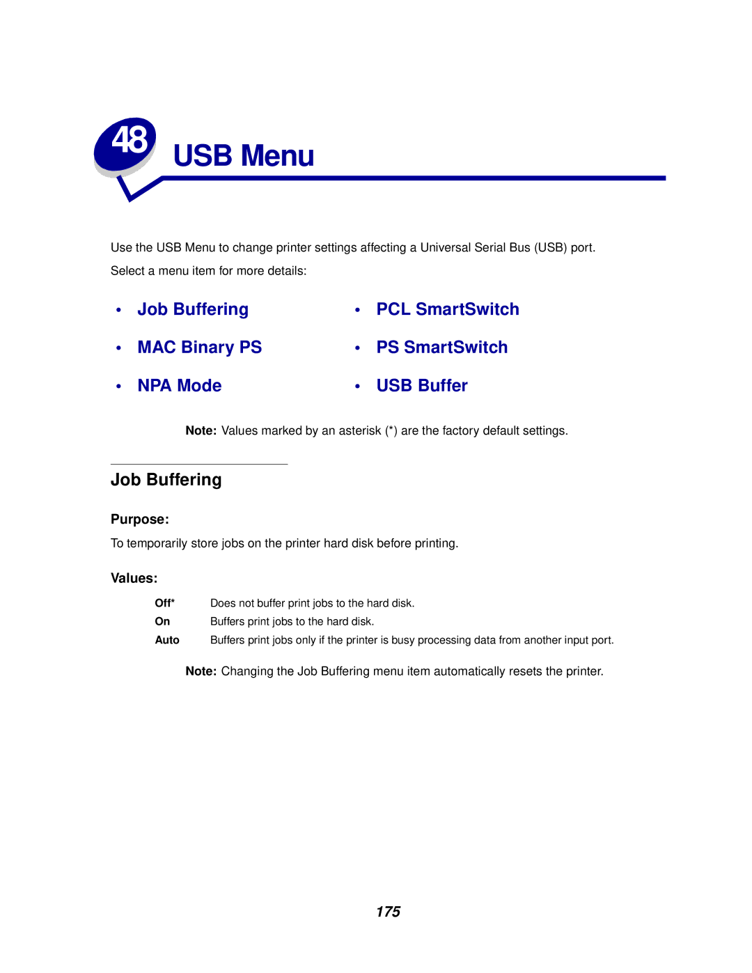 Lexmark 812 manual USB Menu, MAC Binary PS PS SmartSwitch NPA Mode USB Buffer 