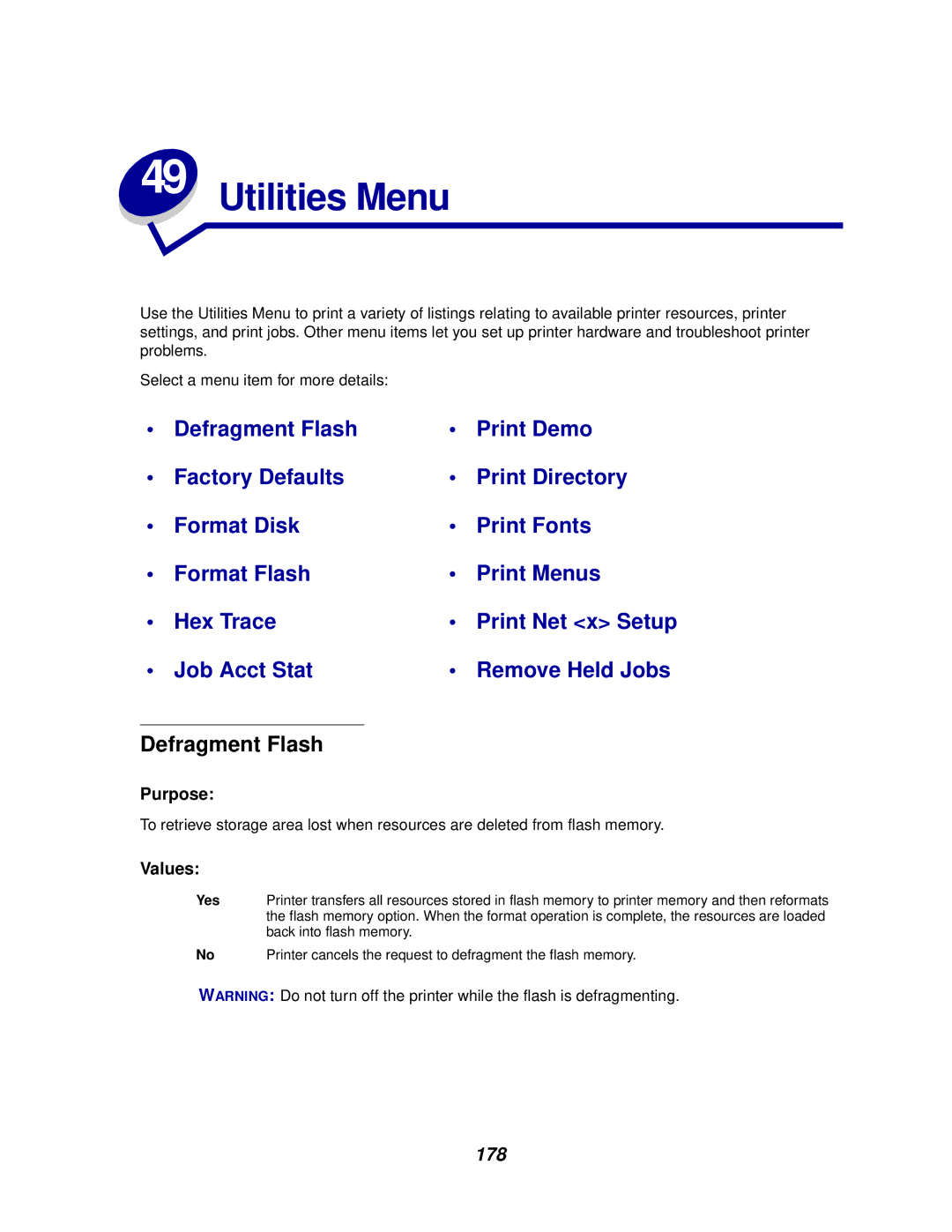 Lexmark 812 manual Utilities Menu, Defragment Flash 