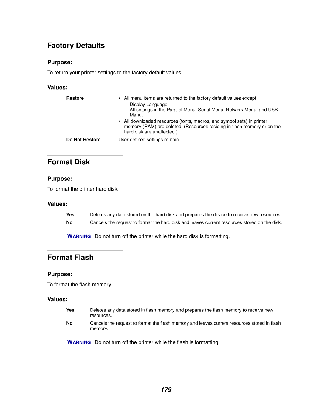 Lexmark 812 manual Factory Defaults, Format Disk, Format Flash 