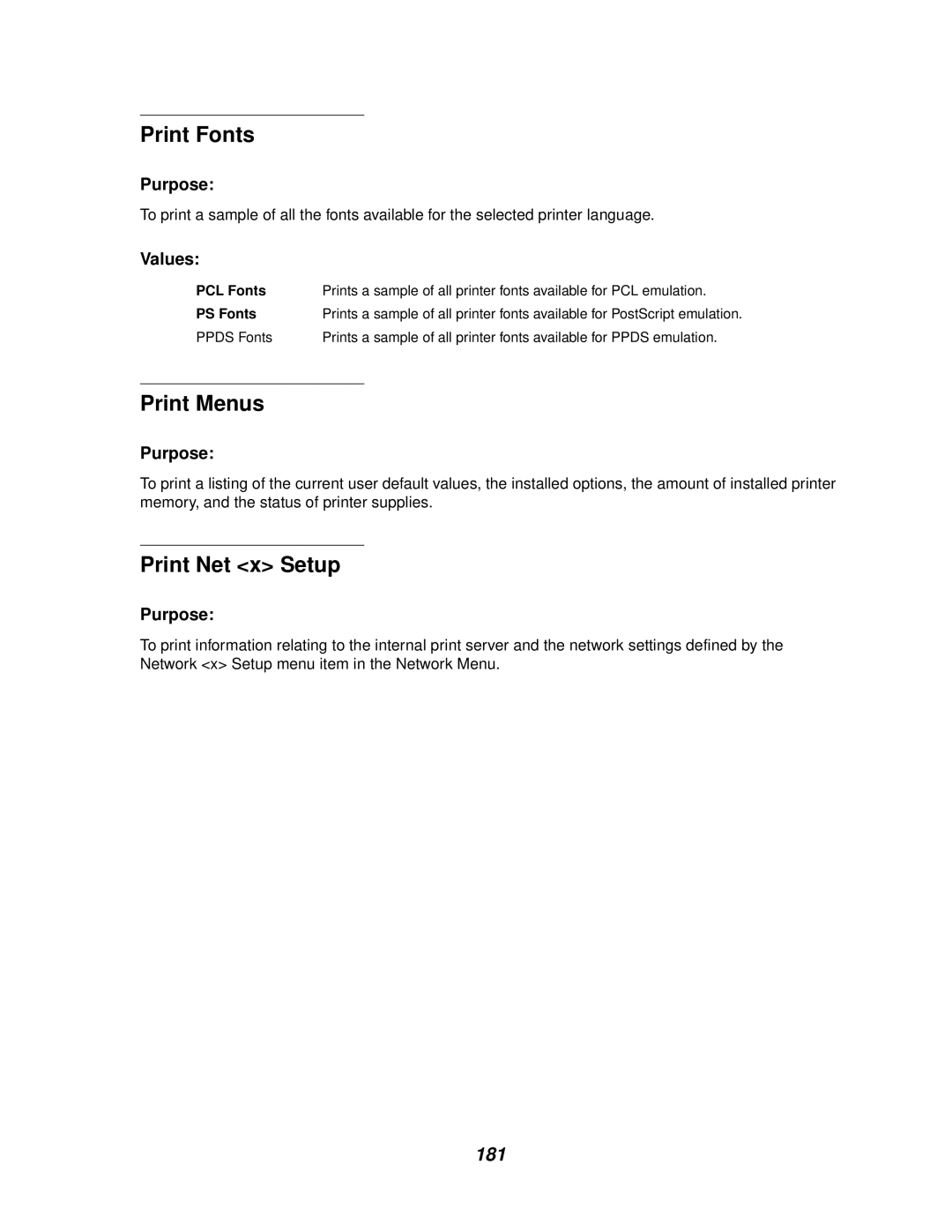 Lexmark 812 manual Print Fonts, Print Menus, Print Net x Setup, PCL Fonts, PS Fonts 