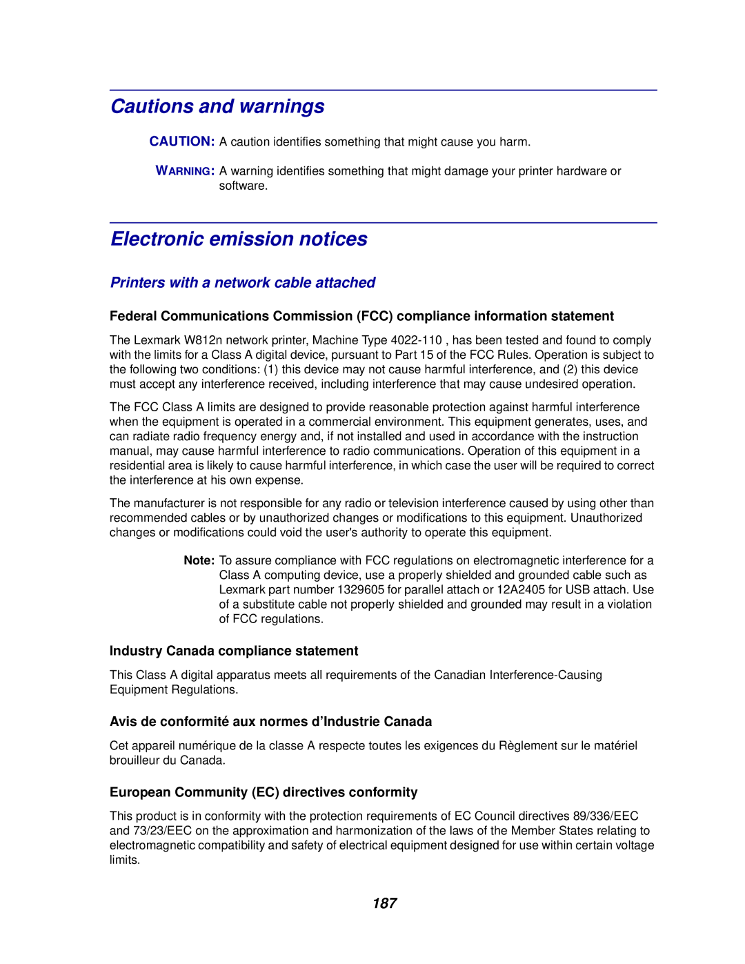 Lexmark 812 manual Electronic emission notices, Printers with a network cable attached 