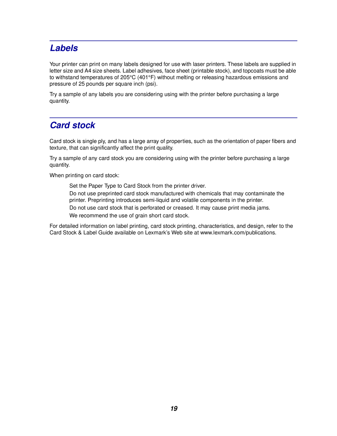 Lexmark 812 manual Labels, Card stock 