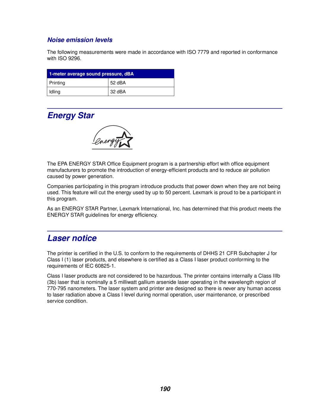 Lexmark 812 manual Energy Star, Laser notice, Noise emission levels 