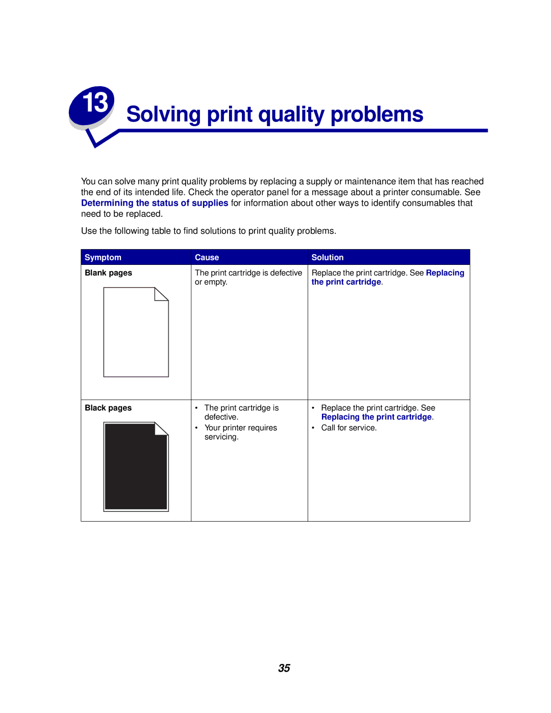 Lexmark 812 manual Solving print quality problems, Blank pages, Black pages 