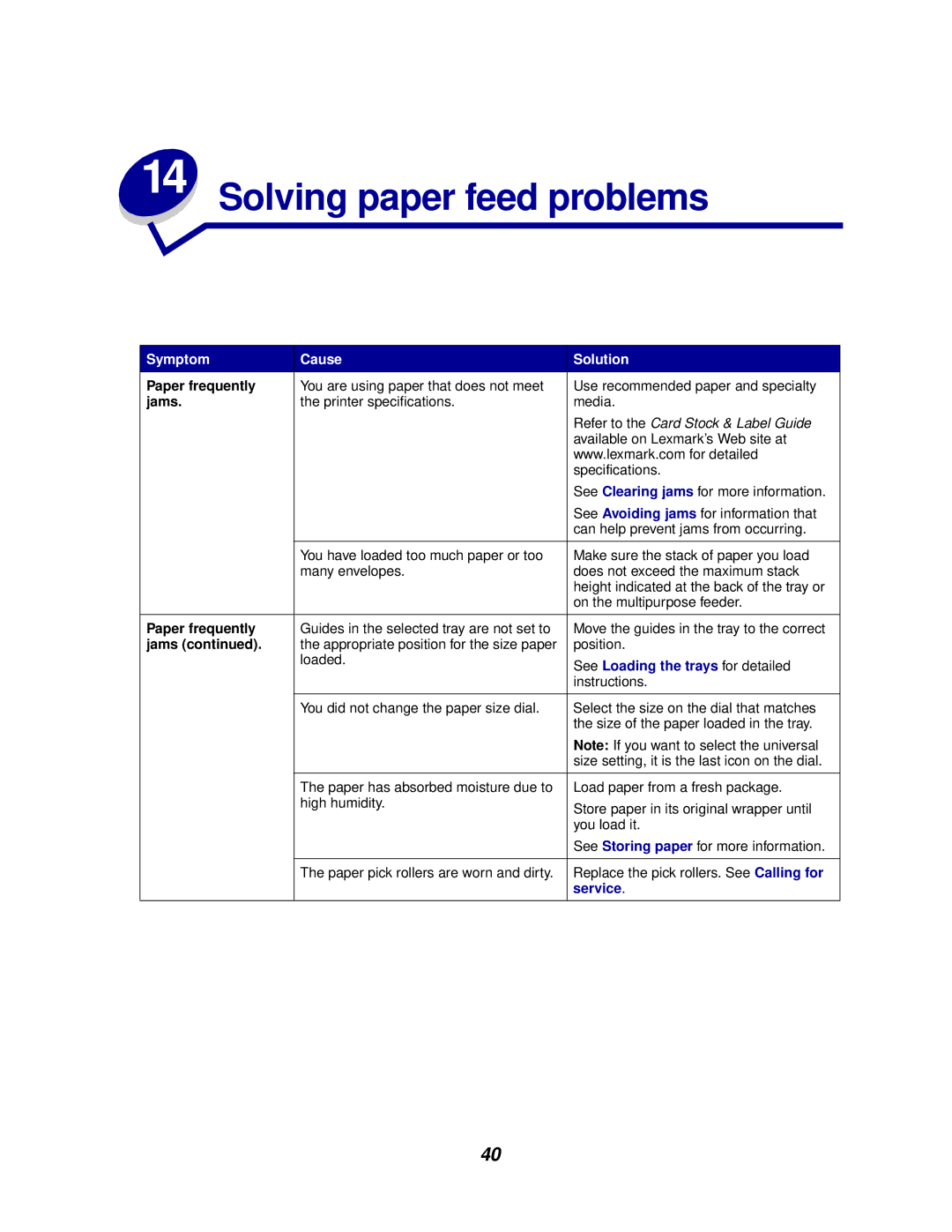 Lexmark 812 manual Solving paper feed problems, Paper frequently, Jams 