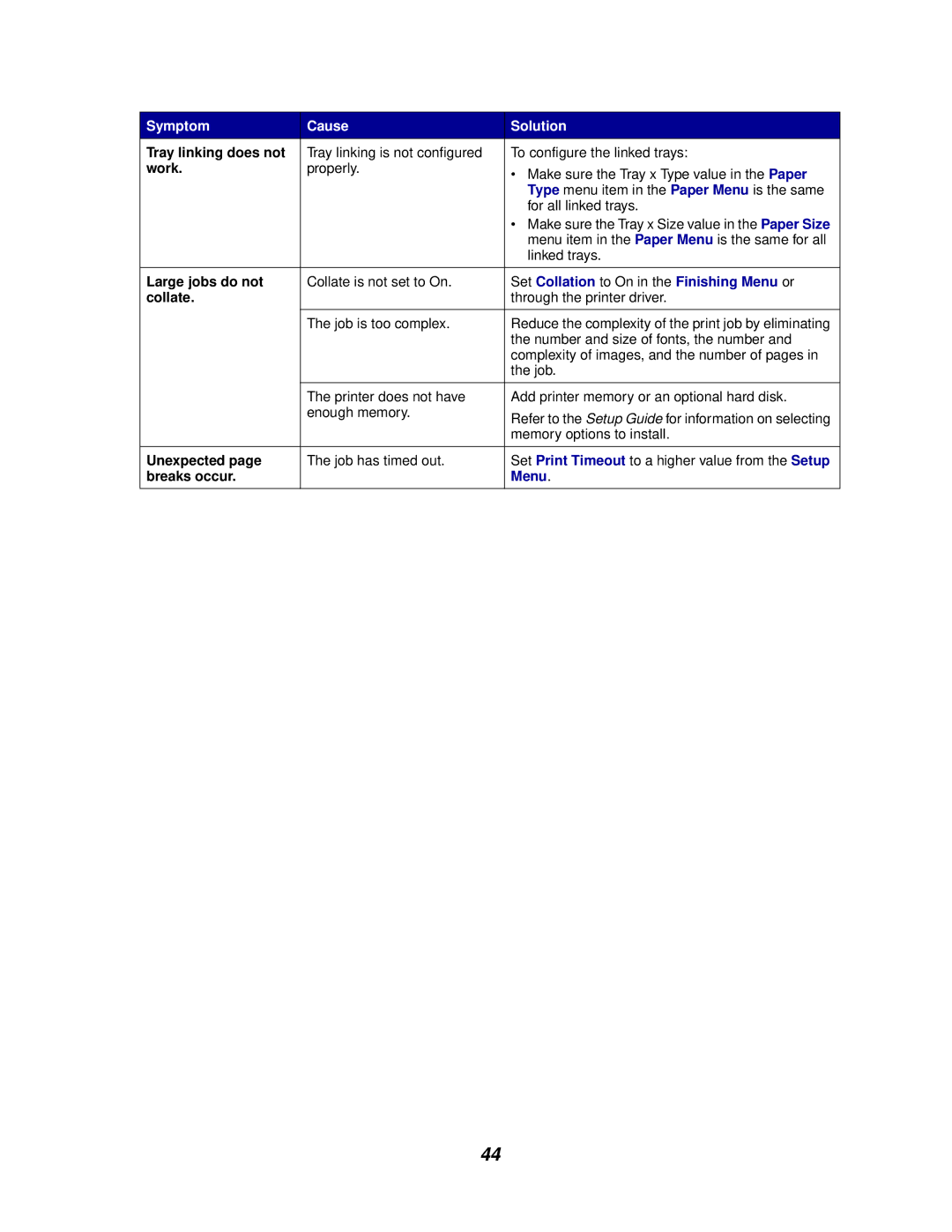 Lexmark 812 manual Tray linking does not, Work, Large jobs do not, Collate, Unexpected, Breaks occur 