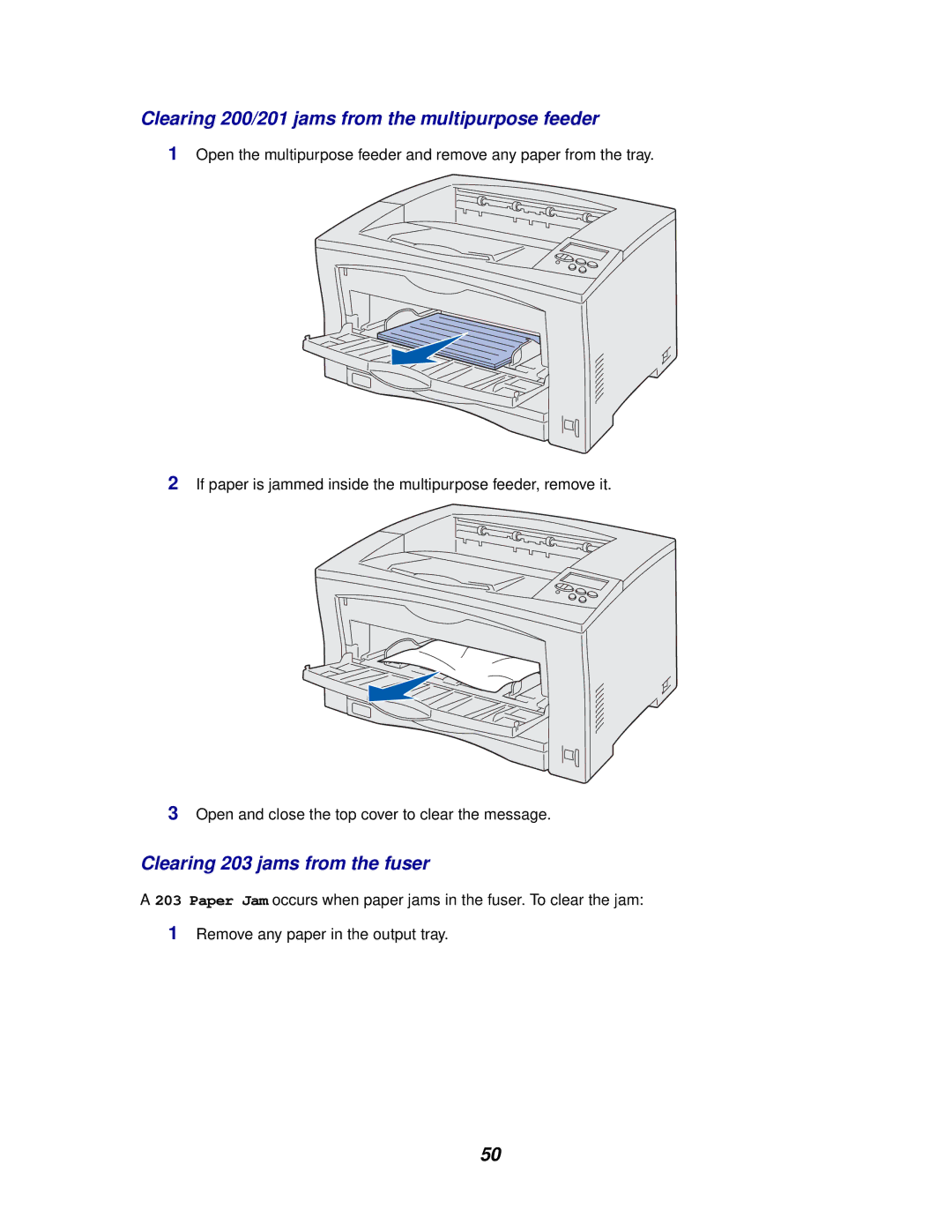 Lexmark 812 manual Clearing 200/201 jams from the multipurpose feeder, Clearing 203 jams from the fuser 