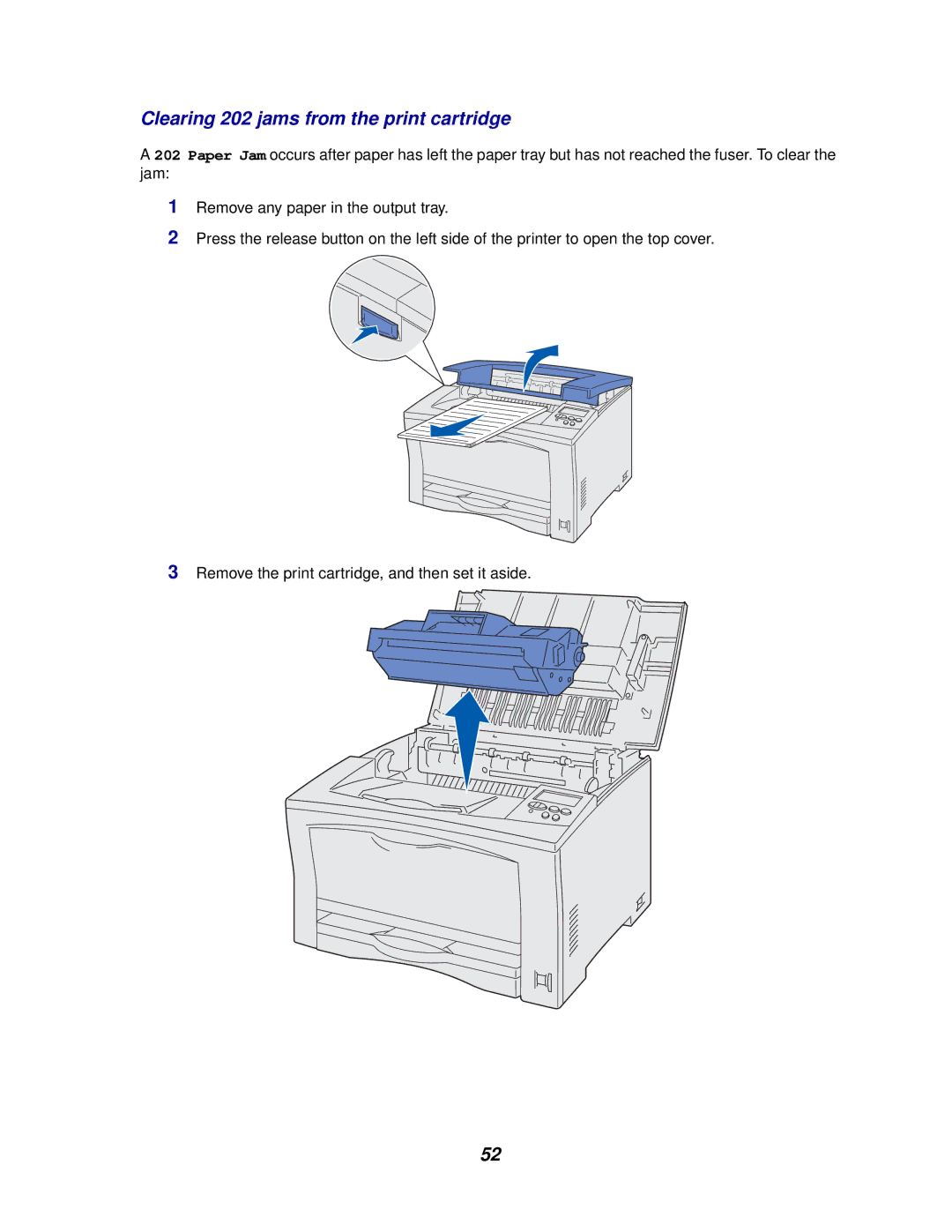 Lexmark 812 manual Clearing 202 jams from the print cartridge 