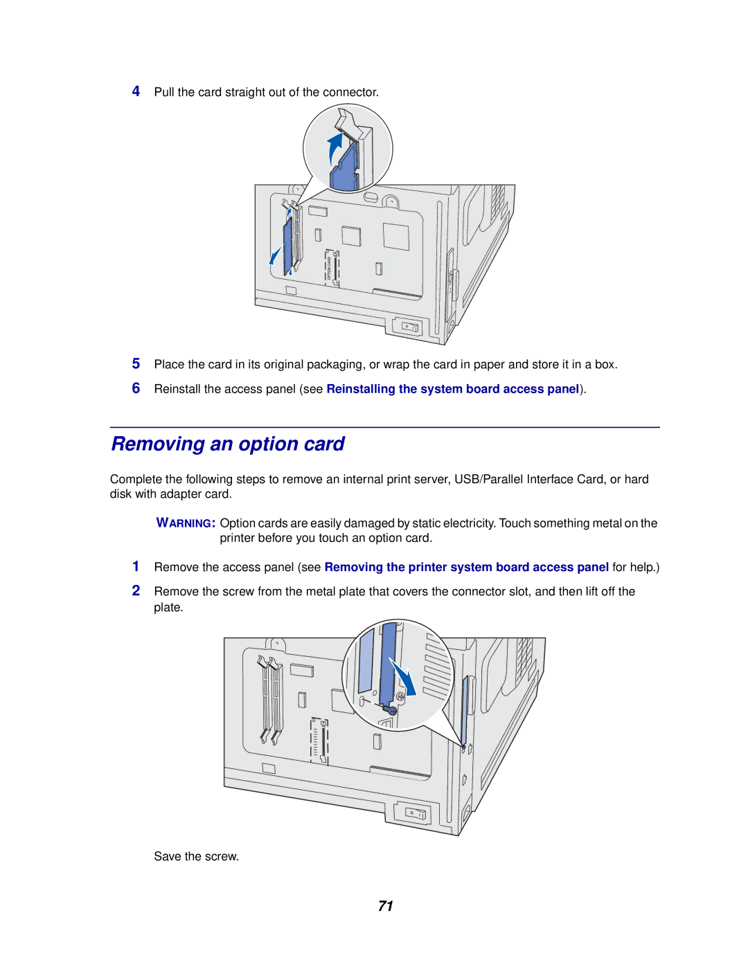 Lexmark 812 manual Removing an option card 