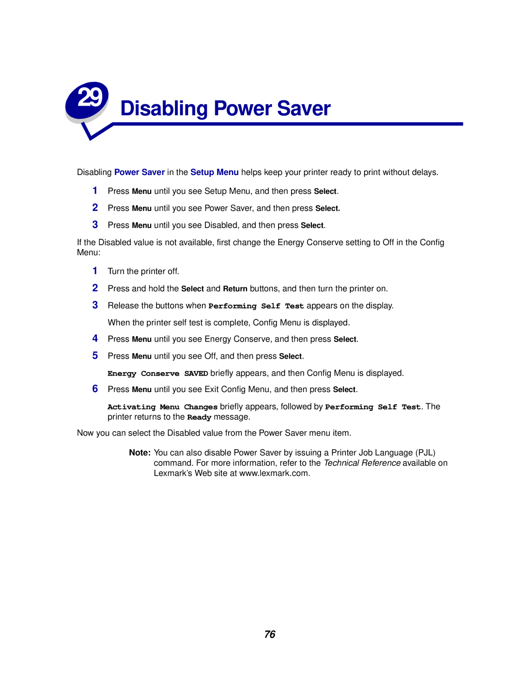 Lexmark 812 manual Disabling Power Saver 