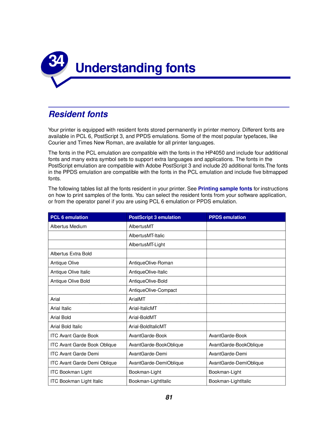 Lexmark 812 manual Understanding fonts, Resident fonts 