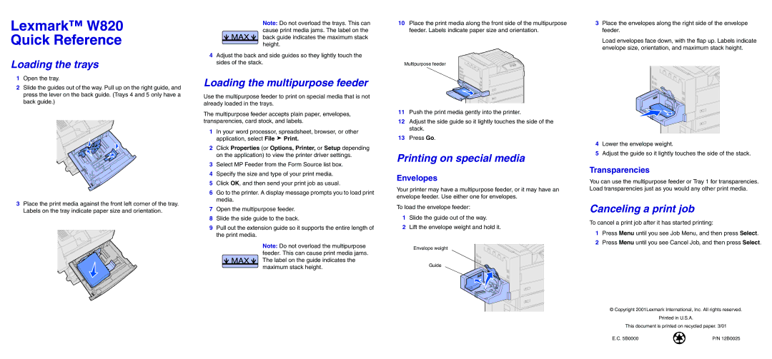 Lexmark 820 manual Loading the trays, Loading the multipurpose feeder, Printing on special media, Canceling a print job 