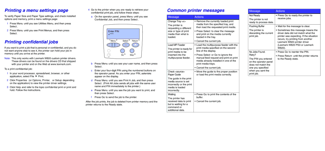 Lexmark 820 manual Printing a menu settings, Printing confidential jobs, Common printer messages 