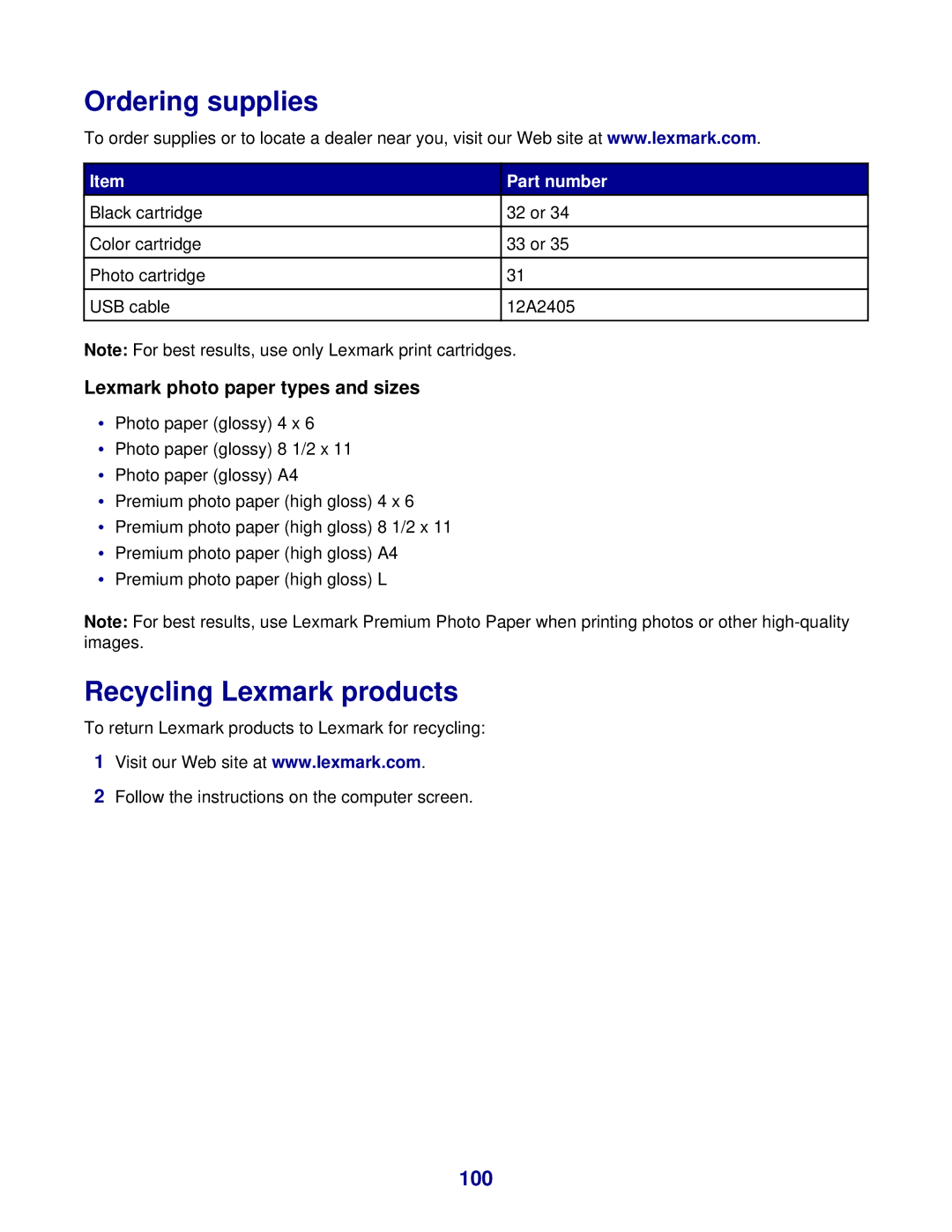 Lexmark 8300 Series manual Ordering supplies, Recycling Lexmark products, 100, Part number 