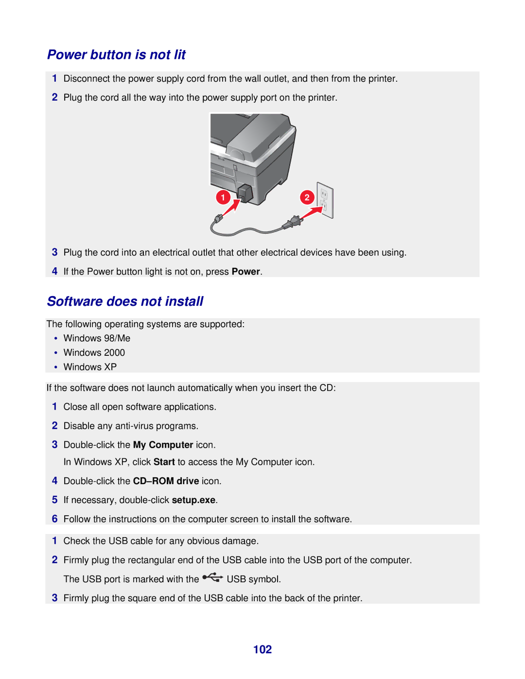Lexmark 8300 Series manual Power button is not lit, Software does not install, 102 