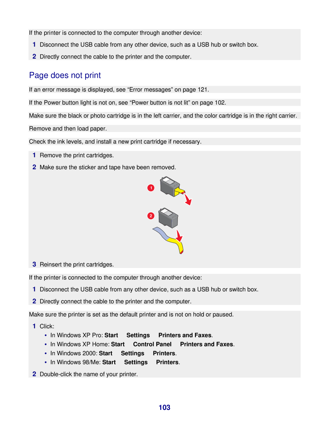 Lexmark 8300 Series manual Does not print, 103 