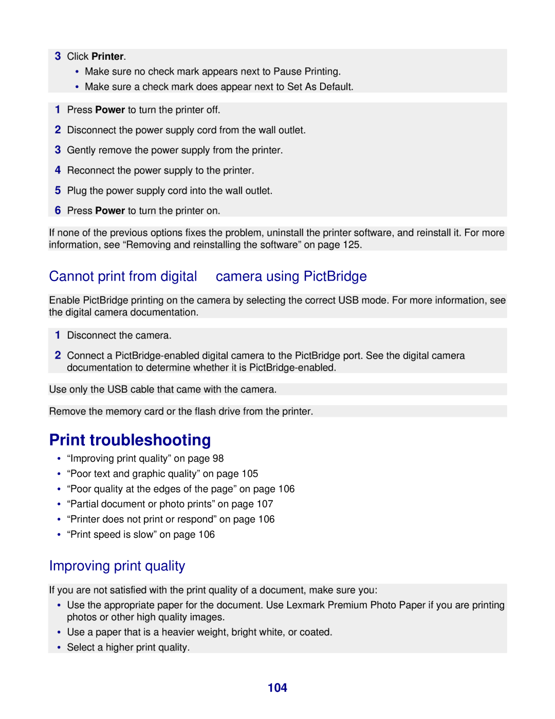 Lexmark 8300 Series Print troubleshooting, Cannot print from digital camera using PictBridge, Improving print quality, 104 