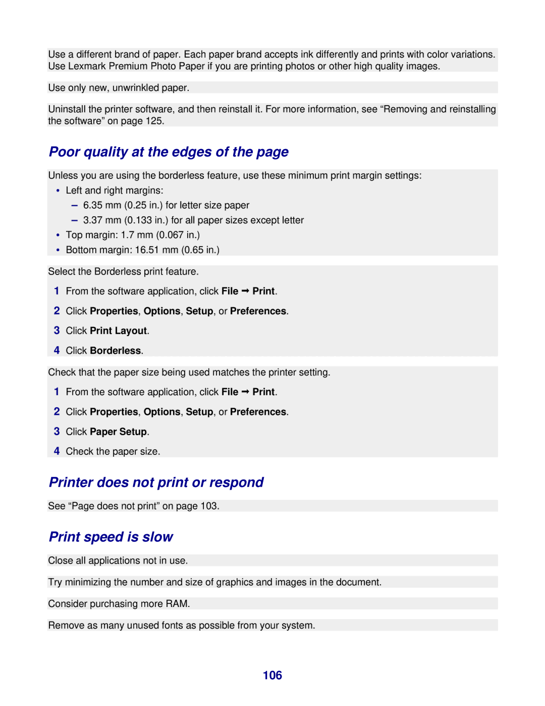 Lexmark 8300 Series manual Poor quality at the edges, Printer does not print or respond, Print speed is slow, 106 