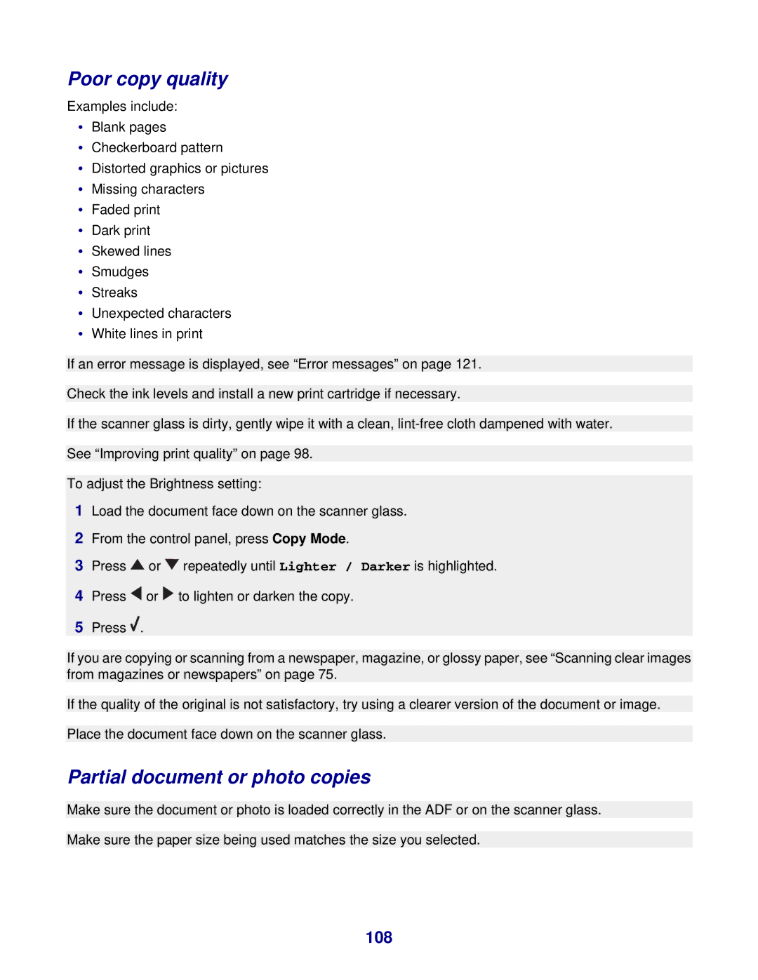 Lexmark 8300 Series manual Poor copy quality, Partial document or photo copies, 108 