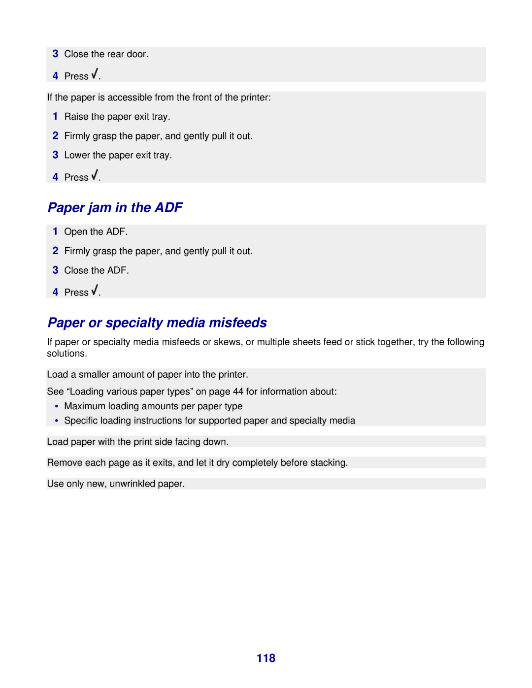 Lexmark 8300 Series manual Paper jam in the ADF, Paper or specialty media misfeeds, 118 