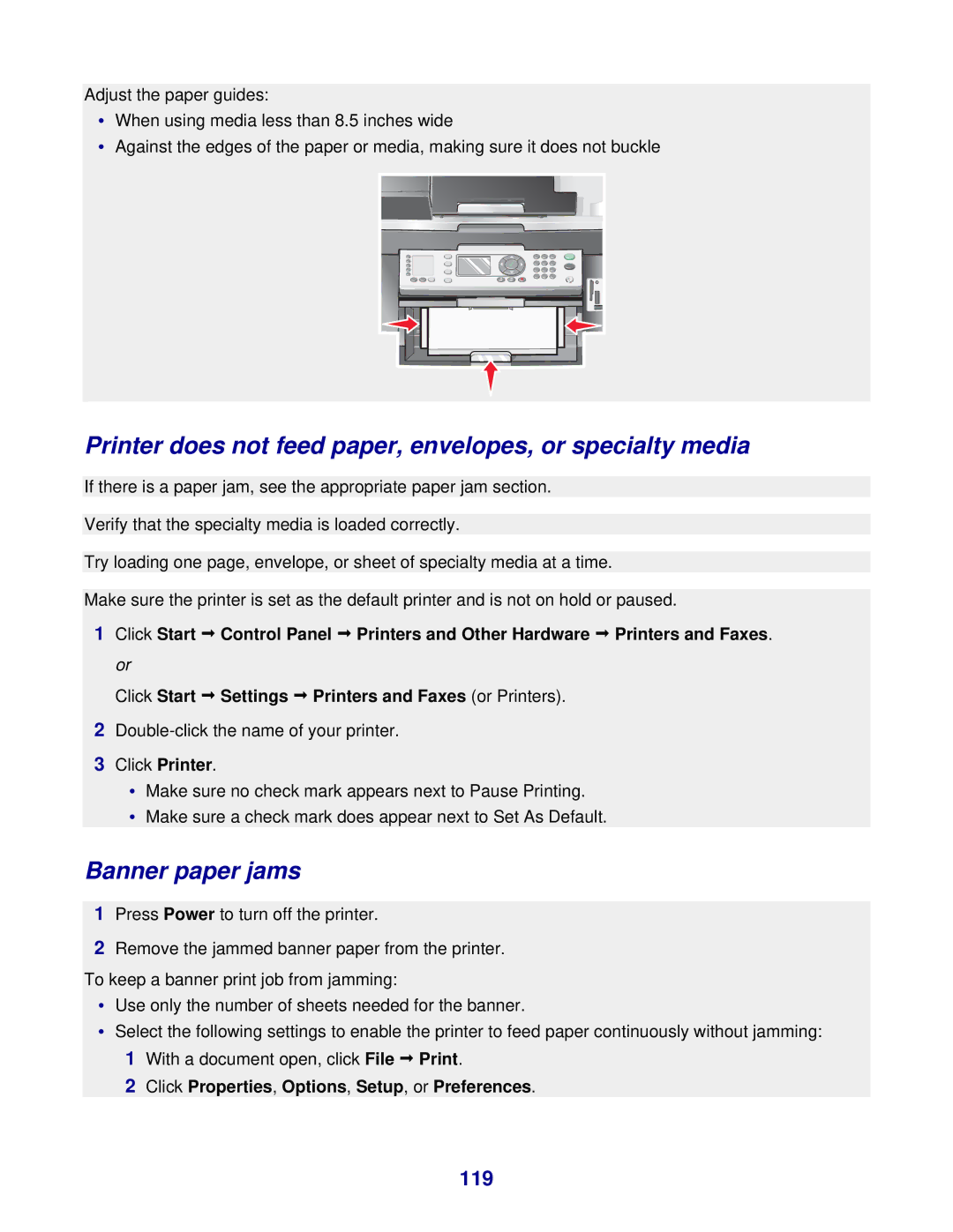 Lexmark 8300 Series manual Printer does not feed paper, envelopes, or specialty media, Banner paper jams, 119 