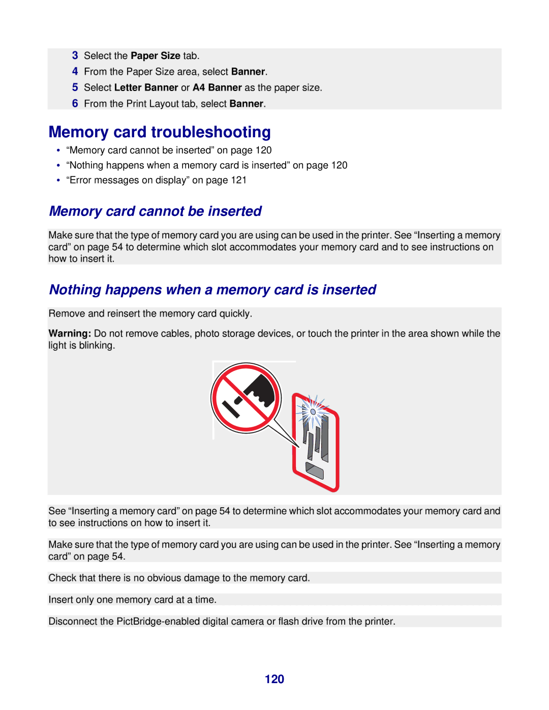 Lexmark 8300 Series manual Memory card troubleshooting, Memory card cannot be inserted, 120 