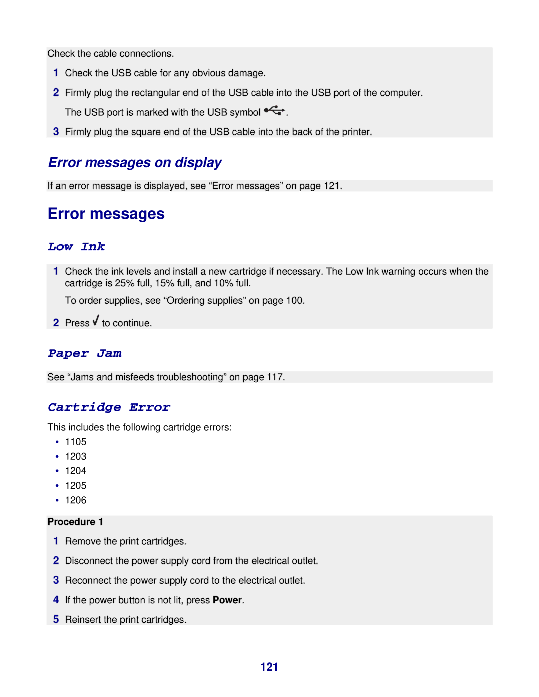 Lexmark 8300 Series manual Error messages on display, 121, Procedure 