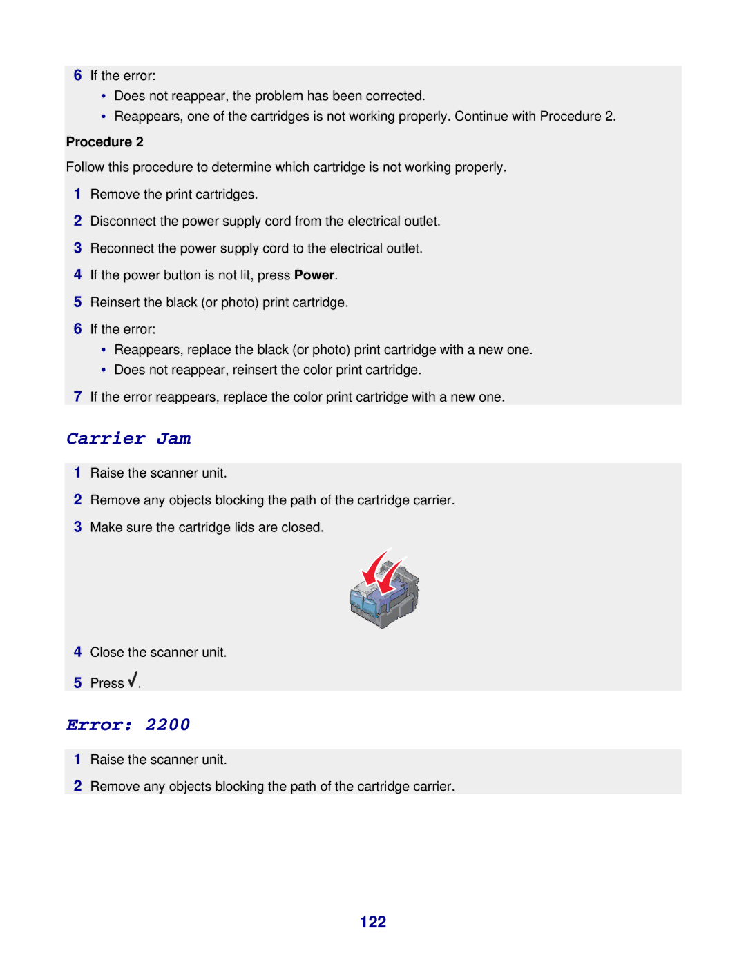 Lexmark 8300 Series manual Carrier Jam, 122 