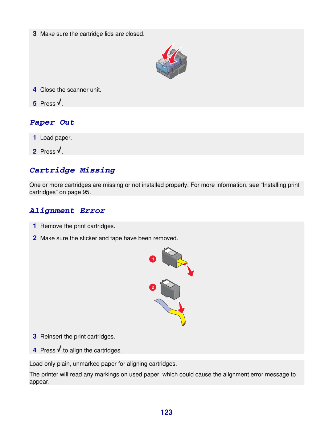 Lexmark 8300 Series manual Cartridge Missing, 123 