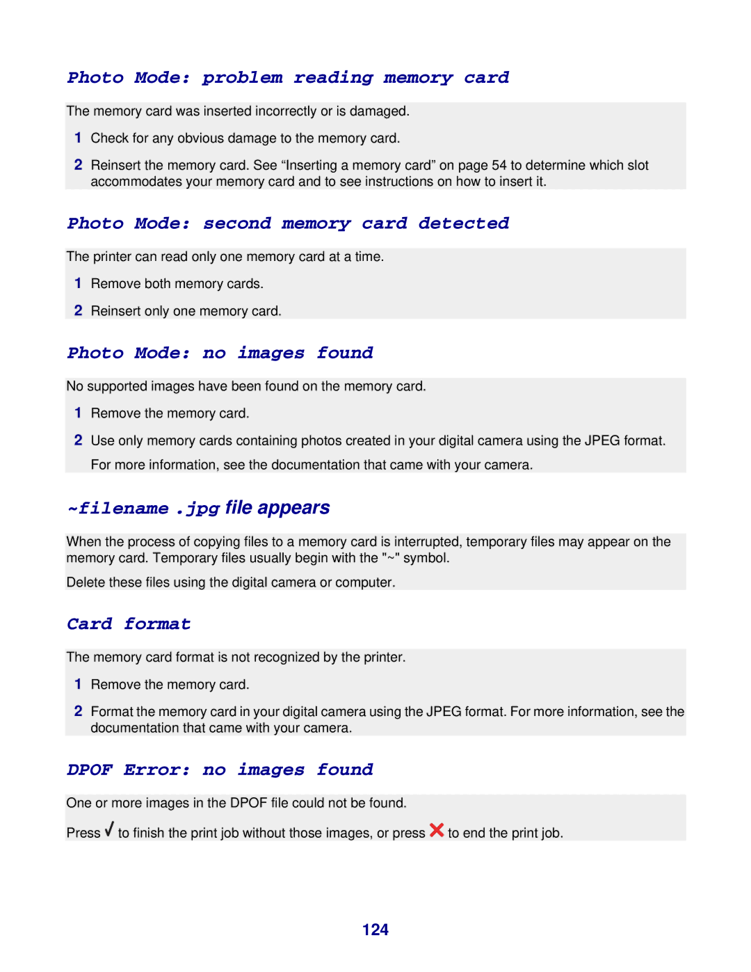Lexmark 8300 Series manual Photo Mode problem reading memory card, 124 